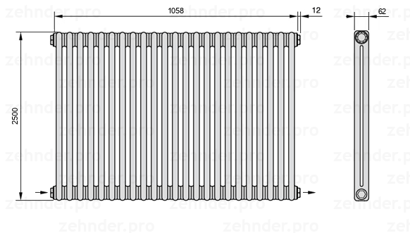 Схема (чертеж) Радиатор Zehnder Charleston 2250/23 №2670 Белый глянцевый RAL 9016